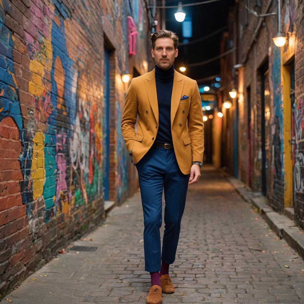 Stylish man in mustard jacket walking through graffiti alley