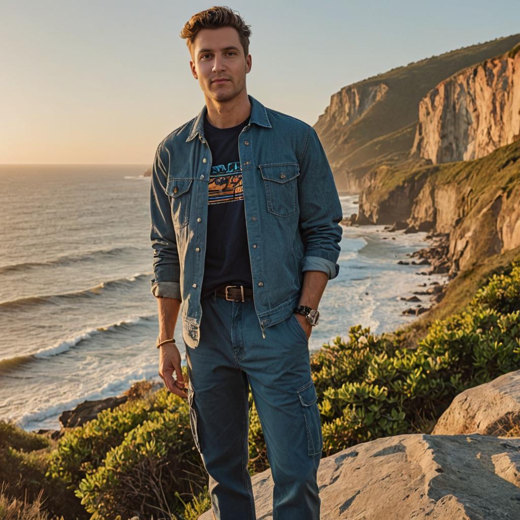 Casual Man by the Coast at Sunset