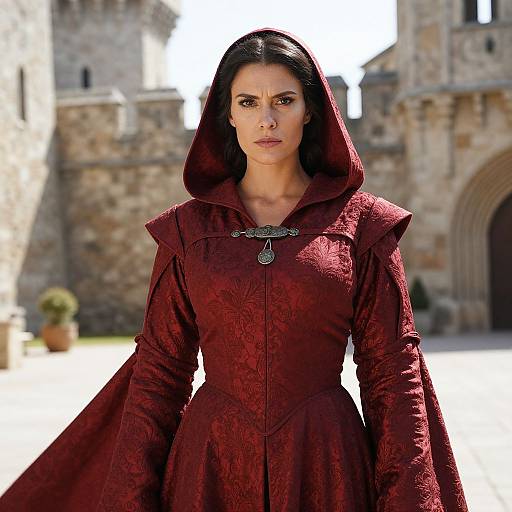 Medieval Style Woman in Red Hooded Gown at Castle