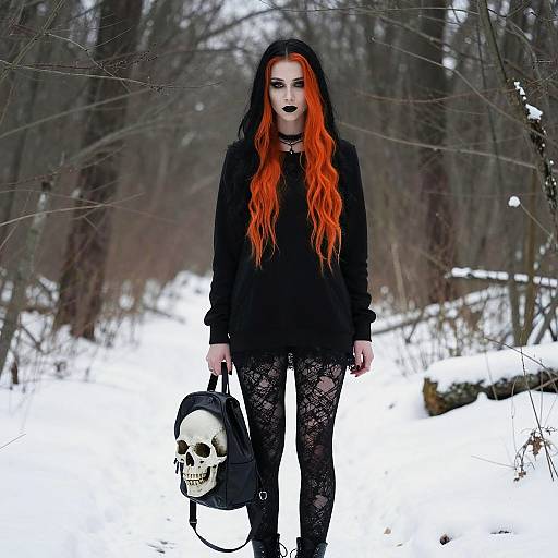 Gothic Woman with Orange and Black Hair in Snowy Forest Holding Skull Backpack