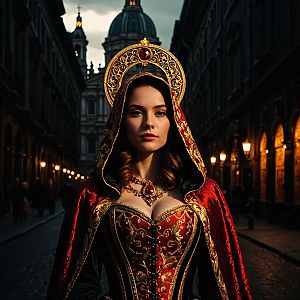 Regal Woman in Ornate Medieval Red and Gold Gown with Halo Headpiece
