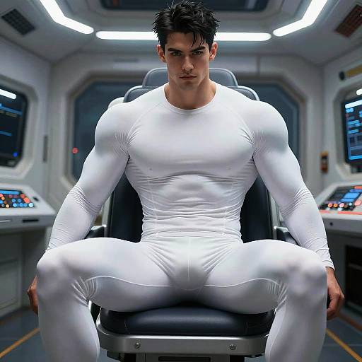 Muscular Man in Futuristic White Suit in Sci-Fi Control Room