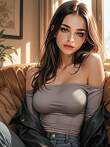 Portrait of a Young Woman on Leather Couch