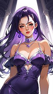 Fantasy Woman in Elegant Purple Gown with Jewelry Digital Art