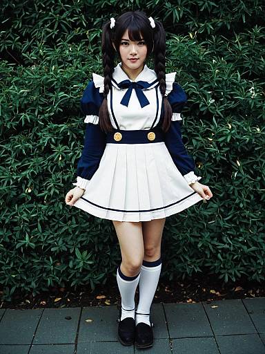 Young Woman in Navy and White Sailor Dress with Braided Pigtails