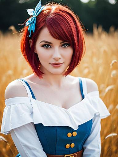 Woman in Vintage Blue and White Costume with Red Bob Hair in Wheat Field