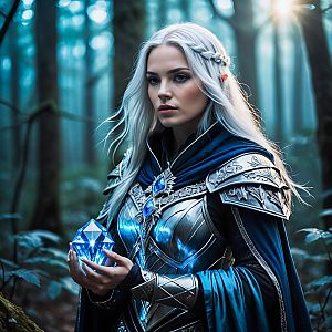 Silver-haired Woman in Armor with Blue Crystal in Misty Forest