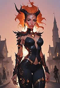 Fantasy Woman with Fiery Hair in Mystical Village