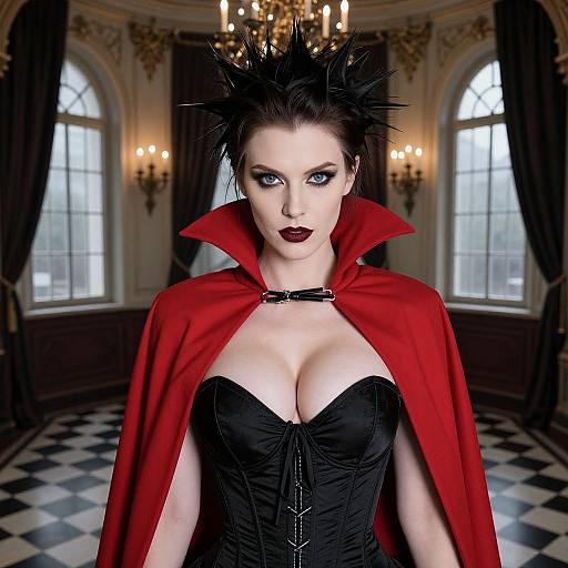 Gothic Vampire Woman in Black Corset and Red Cape in Elegant Interior