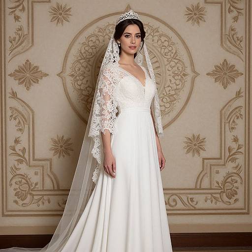Elegant Classic Lace Wedding Dress with Tiara and Veil