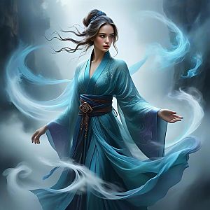 Ethereal Woman in Flowing Blue Kimono with Mystical Mist