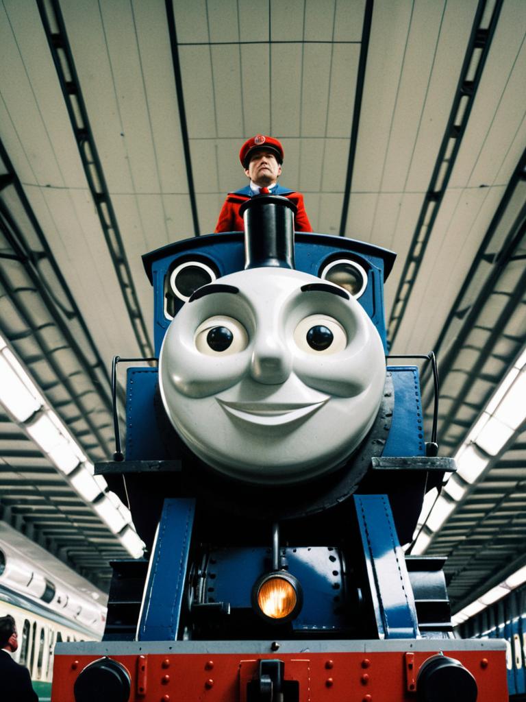 Man in Thomas the Tank Engine Costume Low Angle Cinematic Photo Photorealistic Man in Thomas the Tank Engine Costume Low Angle Cinematic Photo Photorealistic