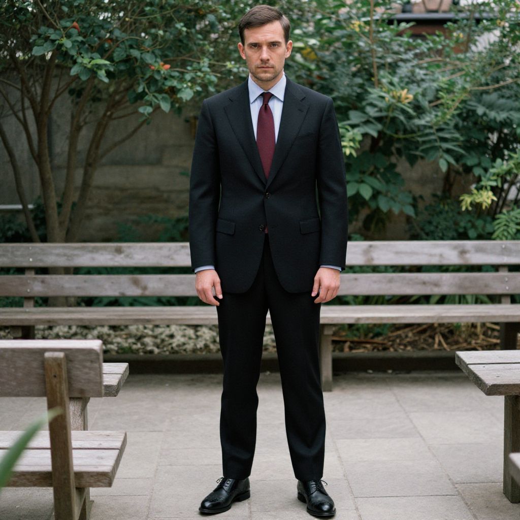 Man Wearing Classic Black Suit with Burgundy Tie in Outdoor Garden Setting