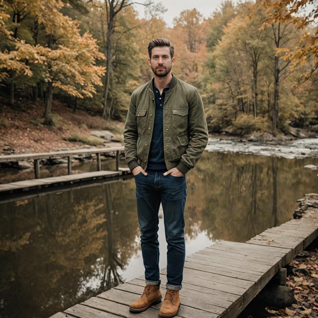 Confident Man on Pier in Autumn Forest