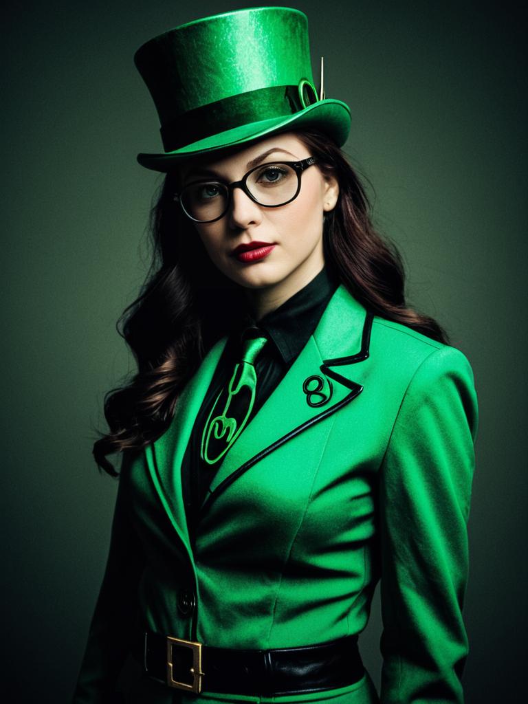 Woman in Green Riddler Costume Waist-Up Editorial Cosplay Portrait