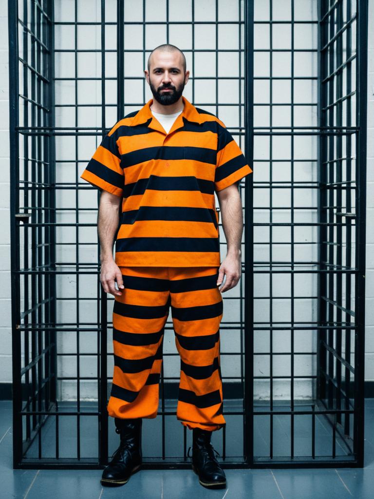 Man in Classic Orange and Black Striped Prison Costume Full Body Cosplay