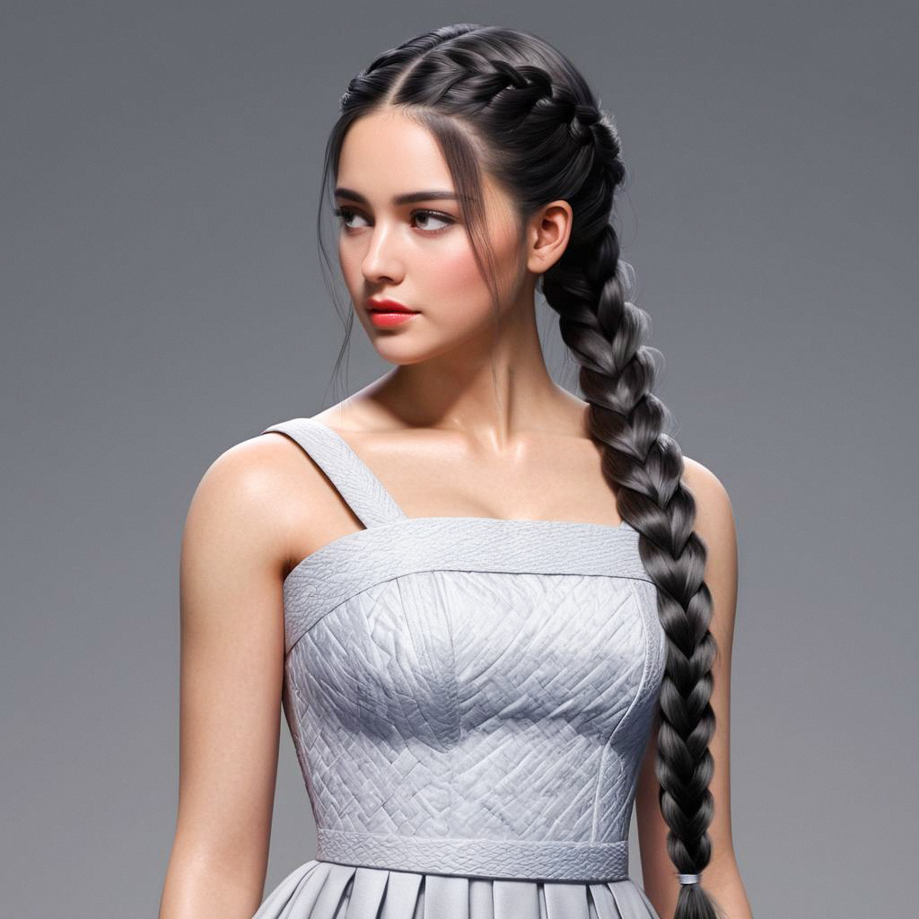 Young Woman in Light Gray Dress with Braided Hairstyle