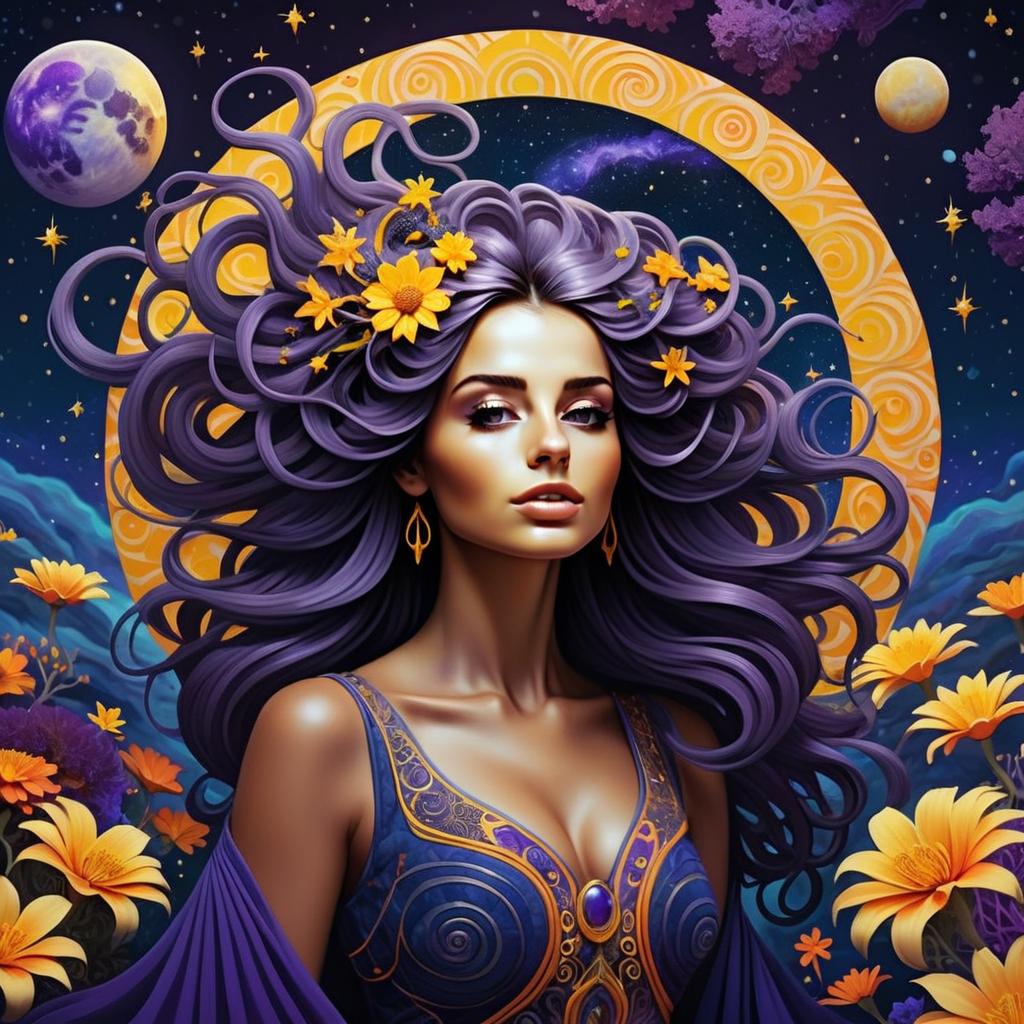 Fantasy Portrait of Woman with Flowing Purple Hair and Cosmic Background
