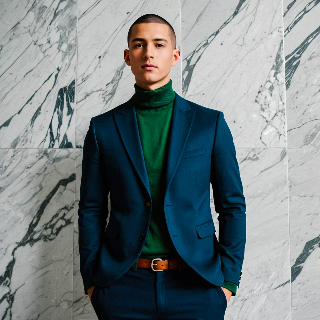 Confident young man in stylish dark blue suit with green turtleneck Confident young man in stylish dark blue suit with green turtleneck