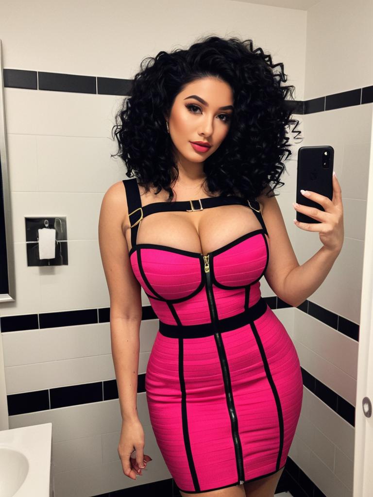 Woman in Stylish Pink Bodycon Dress Taking Selfie in Bathroom Mirror