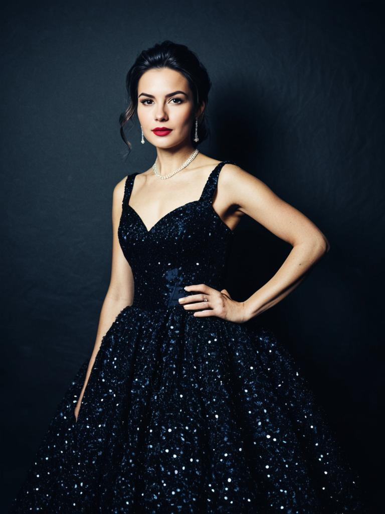 Elegant Woman in Black Sequin Party Gown Studio Portrait