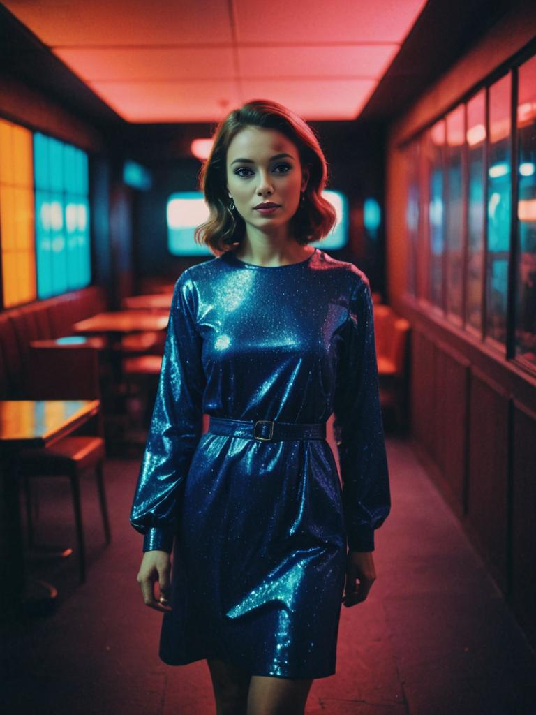 Woman in Vibrant Dress Against Neon Lights