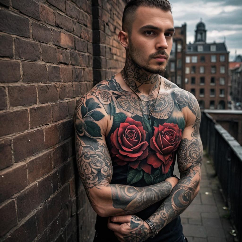 Man with Elaborate Rose Tattoos in Urban Setting