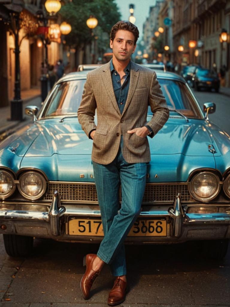 Stylish man with vintage Ford on charming street