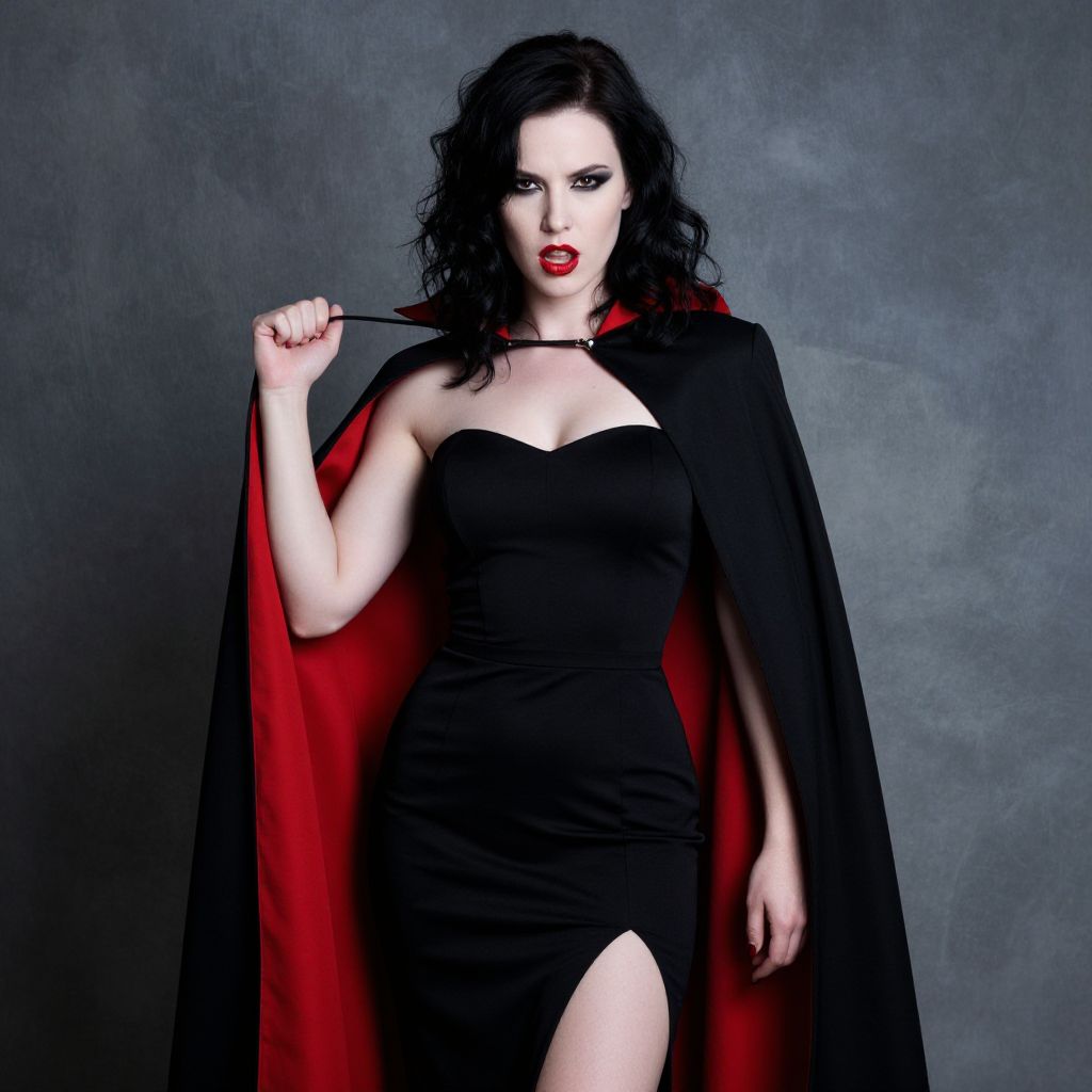 Gothic Woman in Black Dress and Red Lined Cape