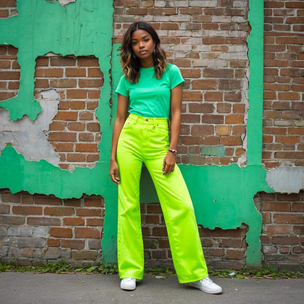 Young Woman in Neon Fashion Against Brick Wall