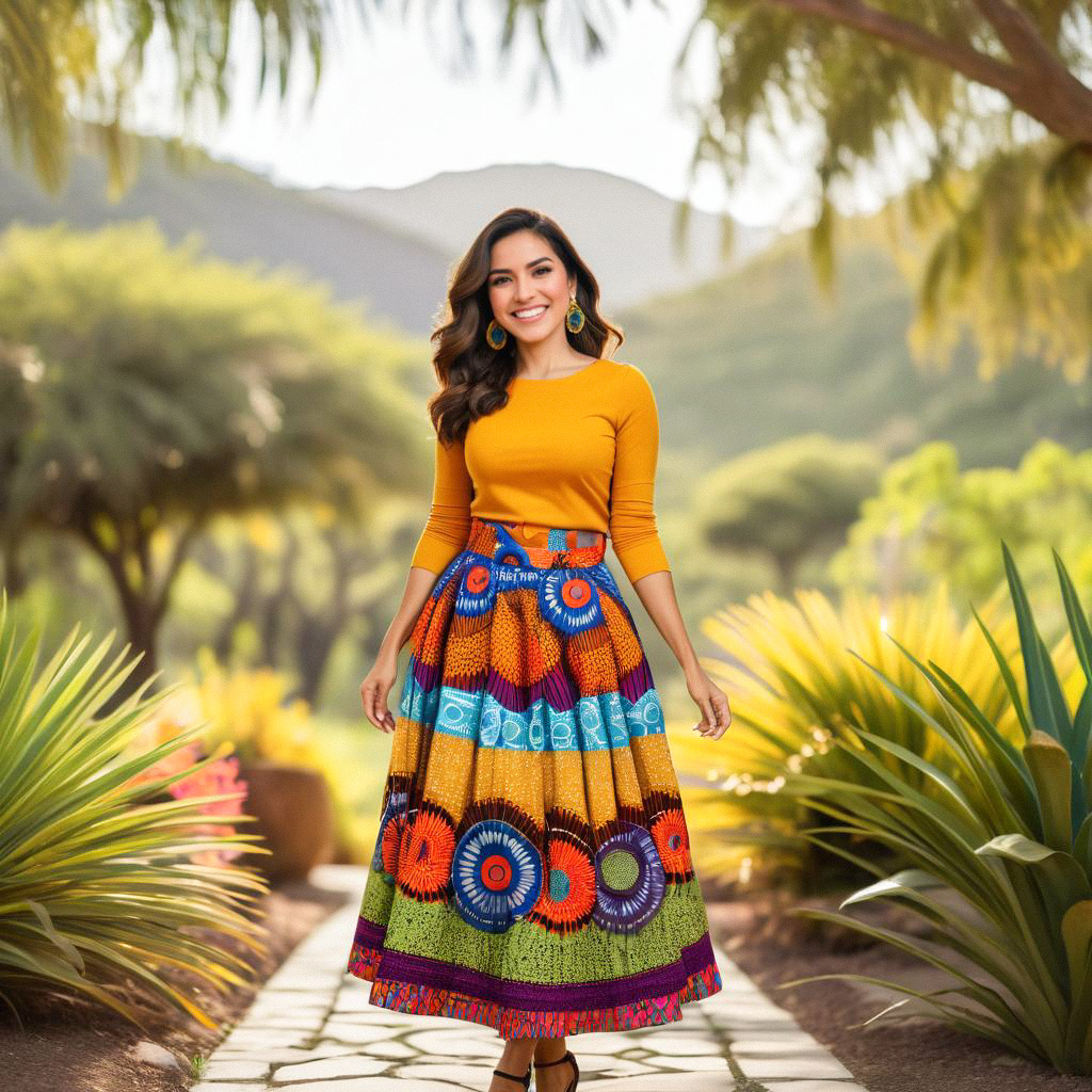 Woman in Colorful Skirt Amidst Lush Greenery