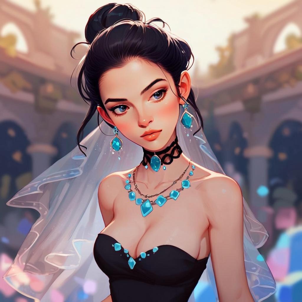 Anime Inspired Portrait of Woman in Black Dress with Turquoise Jewelry