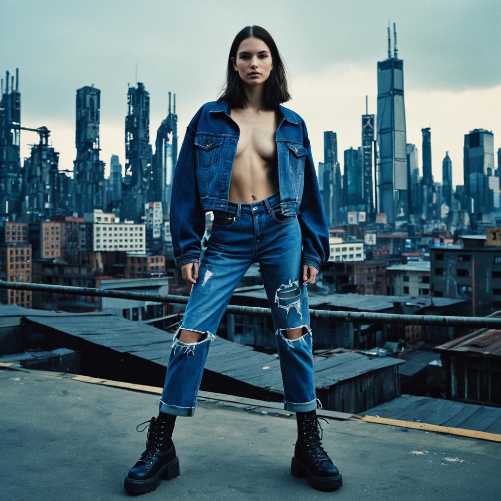 Urban Fashion Portrait of Woman in Denim with Futuristic Cityscape