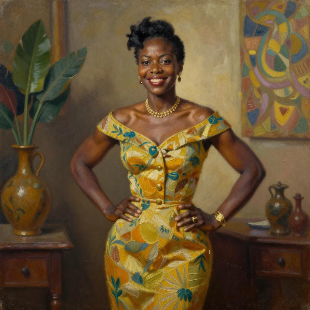 Confident Woman in Vintage Floral Yellow Dress in Classic Portrait Setting