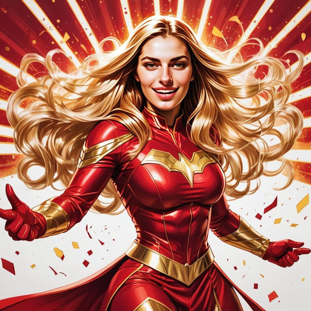 Powerful Red and Gold Female Superhero Digital Art Illustration