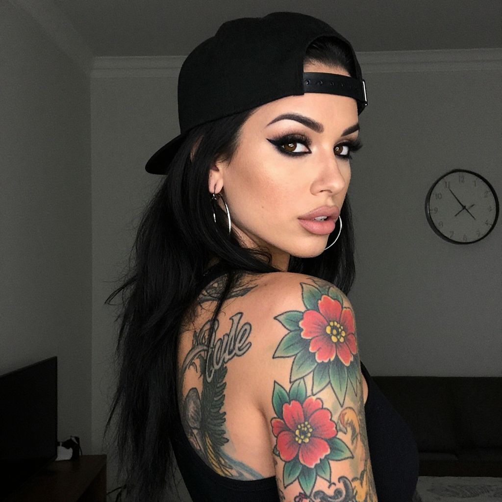 Stylish Woman with Colorful Floral Tattoos and Black Snapback Cap Indoor Portrait