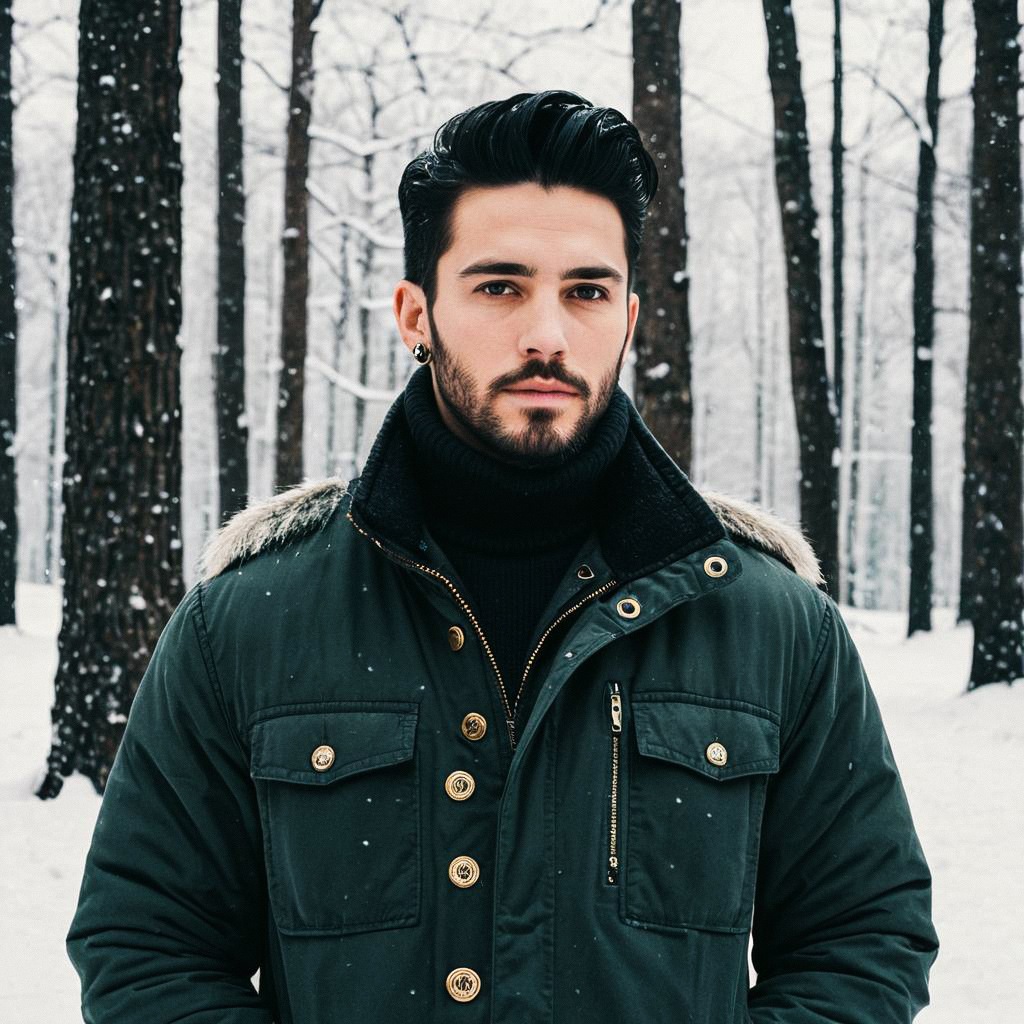 Stylish Young Man in Snowy Forest Stylish Young Man in Snowy Forest
