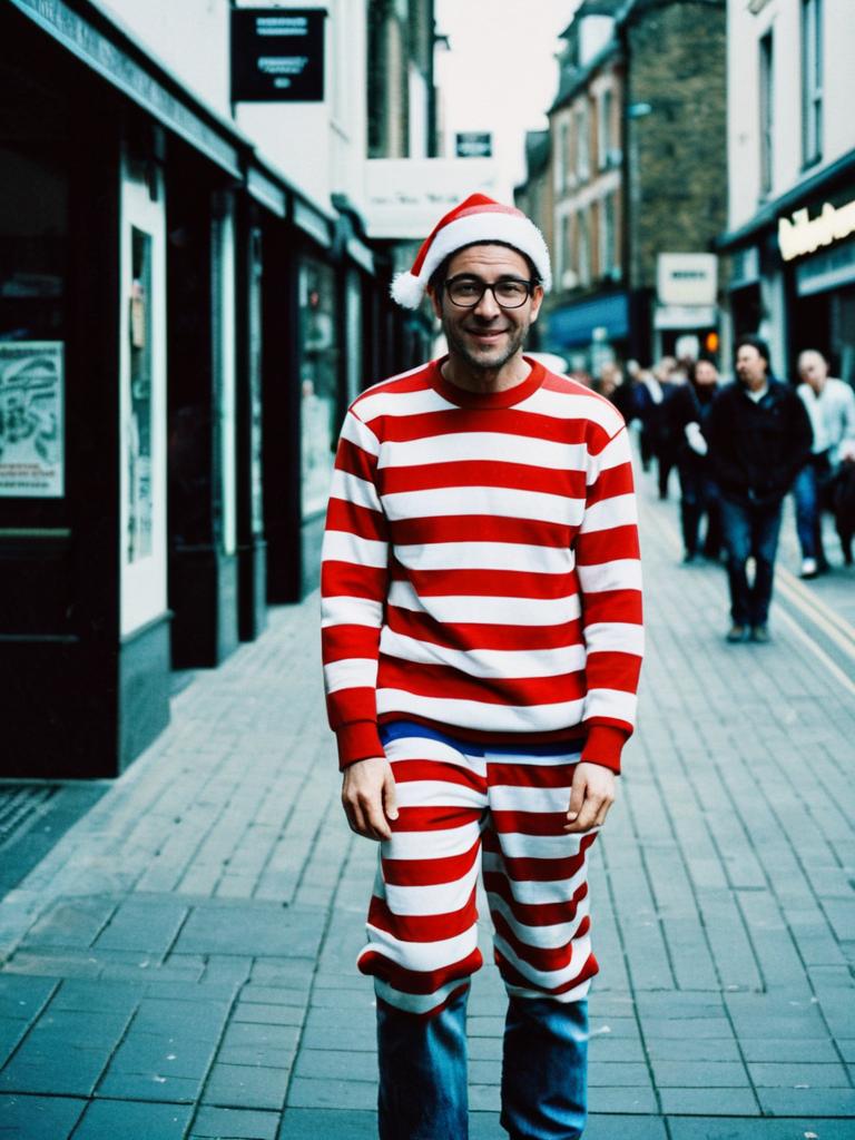 Man in Where's Wally Costume with Santa Hat on City Street