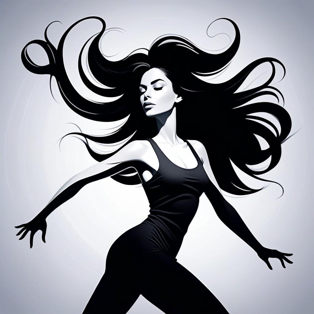 Elegant Woman with Flowing Hair in Black and White Digital Illustration