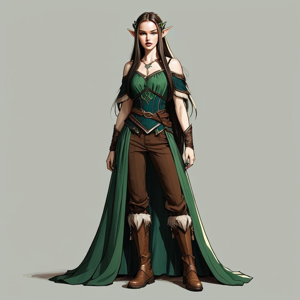 Fantasy Elf Woman in Green Cloak and Leather Boots Digital Illustration