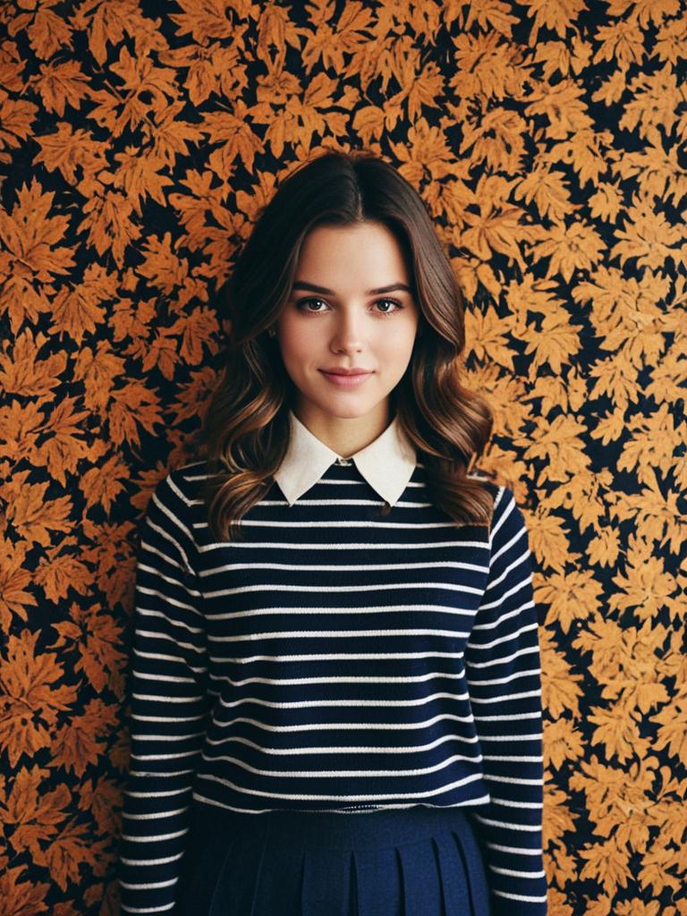Preppy Fall Fashion Young Woman Against Autumn Leaf Background