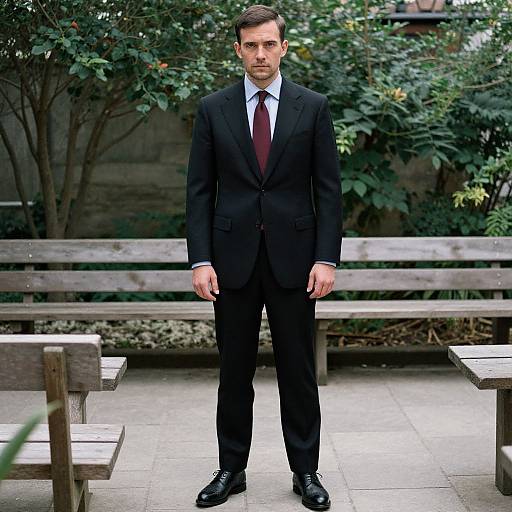 Man Wearing Classic Black Suit with Burgundy Tie in Outdoor Garden Setting