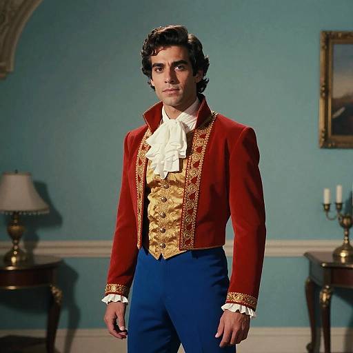 Man in Red and Blue Aladdin Inspired Costume with Gold Embroidery