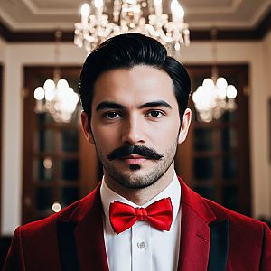 Elegant man in red velvet jacket with chandeliers