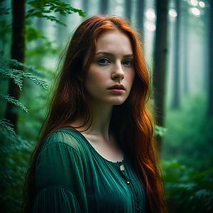 Young Woman in Misty Forest