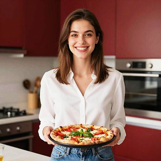 Smiling Woman Holding Fresh Homemade Pizza in Modern Kitchen