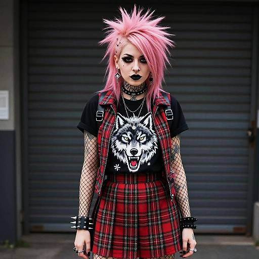 Gen Z Punk Woman with Pink Spiked Hair and Plaid Outfit