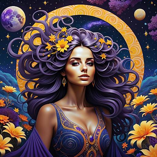Fantasy Portrait of Woman with Flowing Purple Hair and Cosmic Background