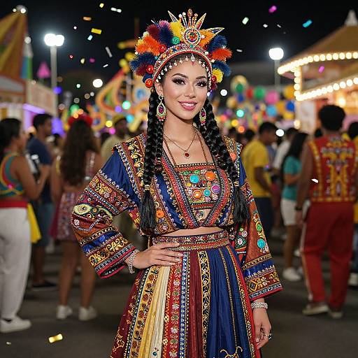 Colorful Traditional Festival Costume Worn by Woman at Night Celebration