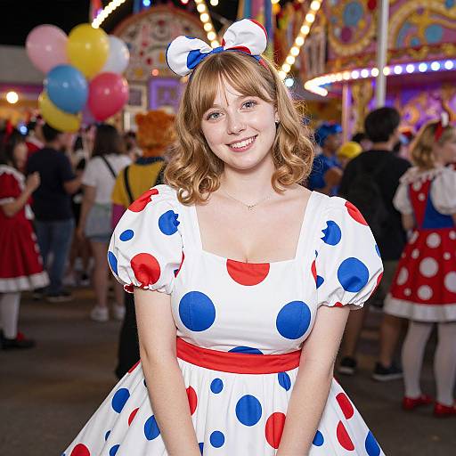Young Woman in Polka Dot Dress at Night Carnival Festivity